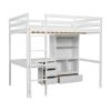 Full Size Loft Wood Bed with Desk, Storage shelves and Drawers, Built-in Ladder, High Loft Bed with Desk, Storage Shelves and Drawers,Guardrails,White