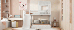 Wooden Twin Over Full Bunk Bed, Loft Bed with Playhouse, Farmhouse, Ladder, Slide and Guardrails, White(OLD SKU :LT000028AAK)