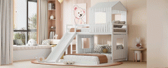 Wooden Twin Over Full Bunk Bed, Loft Bed with Playhouse, Farmhouse, Ladder, Slide and Guardrails, White(OLD SKU :LT000028AAK)