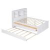 Full Size Platform Bed with Storage Headboard, Charging Station, Twin Size Trundle and 3 Drawers, Antique White