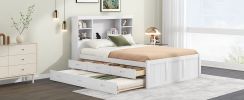 Full Size Platform Bed with Storage Headboard, Charging Station, Twin Size Trundle and 3 Drawers, Antique White