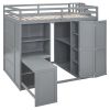 Full Size Loft Bed with Wardrobe,Desk and Shelves,Grey