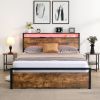 Queen Size Bed Frame with Storage Headboard and 2 Drawers, LED Lights Bed with Charging Station, Metal Platform Bed No Noise