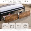 Queen Size Bed Frame with Storage Headboard and 2 Drawers, LED Lights Bed with Charging Station, Metal Platform Bed No Noise