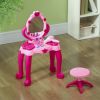 Qaba Kids Vanity Set with Mirror and Stool, Girls Makeup Table with Light and Sound, 15 Accessories, Pretend Play Set with Hair Dryer for 3-6 Years