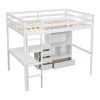 Full Size Loft Wood Bed with Desk, Storage shelves and Drawers, Built-in Ladder, High Loft Bed with Desk, Storage Shelves and Drawers,Guardrails,White