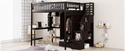 Full size Loft Bed with Bookshelf,Drawers,Desk,and Wardrobe-Espresso
