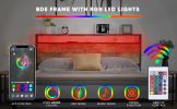 Queen Size Bed Frame with Storage Headboard and 2 Drawers, LED Lights Bed with Charging Station, Metal Platform Bed No Noise