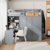 Full Size Loft Bed with Wardrobe,Desk and Shelves,Grey