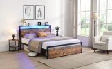 Queen Size Bed Frame with Storage Headboard and 2 Drawers, LED Lights Bed with Charging Station, Metal Platform Bed No Noise