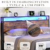 Queen Size Bed Frame with Storage Headboard and 2 Drawers, LED Lights Bed with Charging Station, Metal Platform Bed No Noise