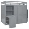 Full Size Loft Bed with Wardrobe,Desk and Shelves,Grey