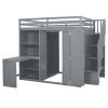 Full Size Loft Bed with Wardrobe,Desk and Shelves,Grey