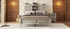 Farmhouse Platform Bed with Double Sliding Barn Door, Queen Size Rustic Wood Bed with
Charging Station, Wood Slats Support, Antique Gray