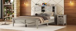 Farmhouse Platform Bed with Double Sliding Barn Door, Queen Size Rustic Wood Bed with
Charging Station, Wood Slats Support, Antique Gray
