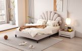 Full Size Upholstered Platform Bed with Flower Pattern Velvet Headboard, Beige
