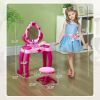 Qaba Kids Vanity Set with Mirror and Stool, Girls Makeup Table with Light and Sound, 15 Accessories, Pretend Play Set with Hair Dryer for 3-6 Years
