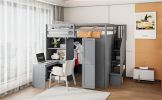 Full Size Loft Bed with Wardrobe,Desk and Shelves,Grey