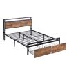Queen Size Bed Frame with Storage Headboard and 2 Drawers, LED Lights Bed with Charging Station, Metal Platform Bed No Noise