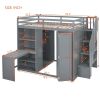 Full Size Loft Bed with Wardrobe,Desk and Shelves,Grey