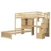 Twin over Twin Loft Bed with Built-in Desk and Staircase, With Storage Compartments and Shelves, Natural