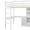 Full Size Loft Wood Bed with Desk, Storage shelves and Drawers, Built-in Ladder, High Loft Bed with Desk, Storage Shelves and Drawers,Guardrails,White
