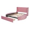 Upholstered Platform Bed Queen Size Storage Velvet Bed with Wingback Headboard and 1 Big Drawer,2 Side Storage Stool(Pink)
